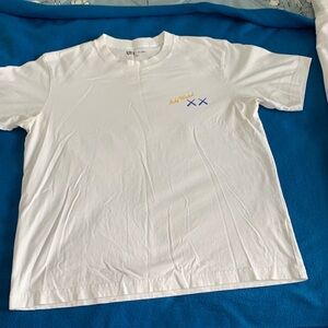 Uniqlo White Short-Sleeve Tee with Yellow Script & Blue Crosses